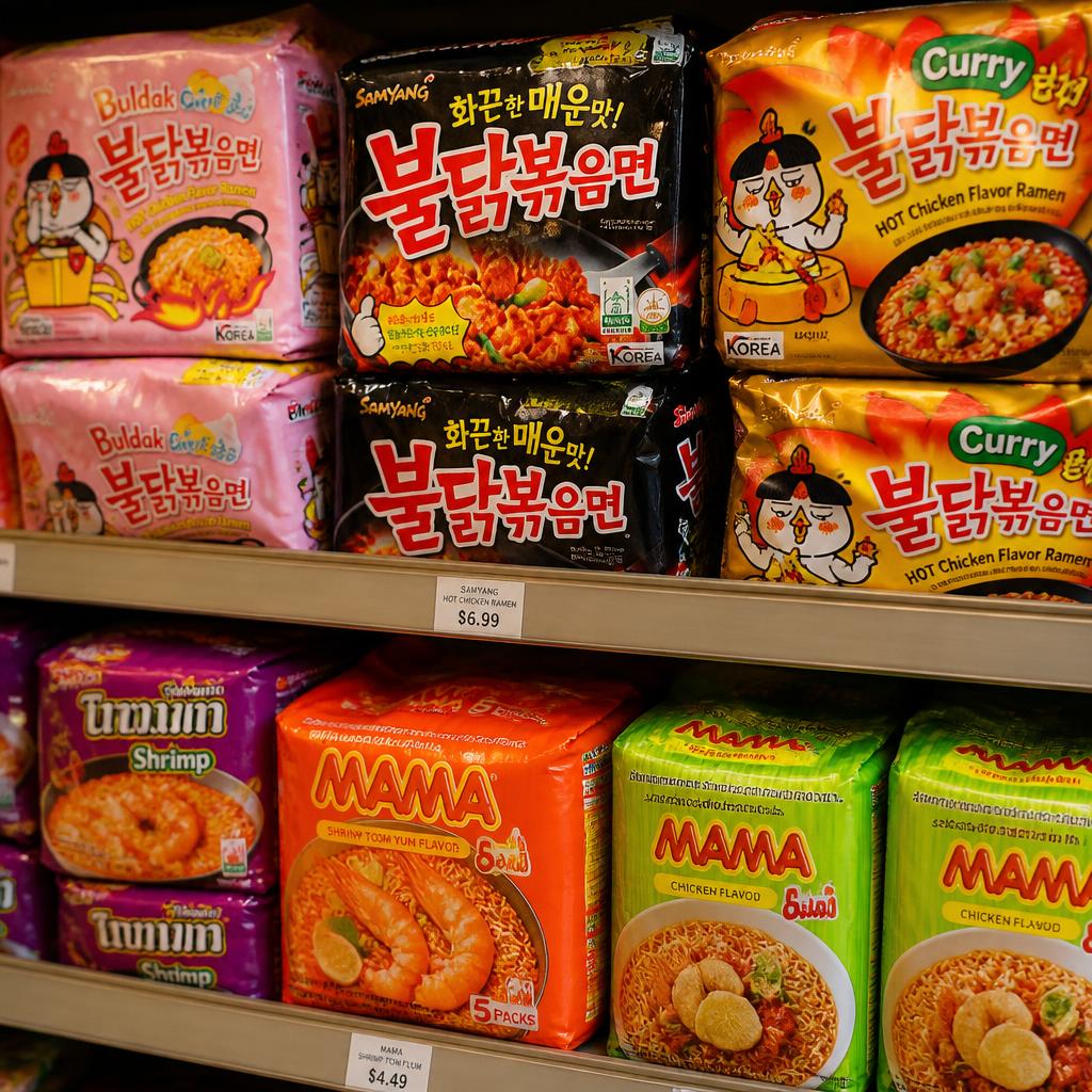 Importerade snabbnudlar – Mama, Samyang och fler favoriter – tom yum, kyckling och stark kyckling.