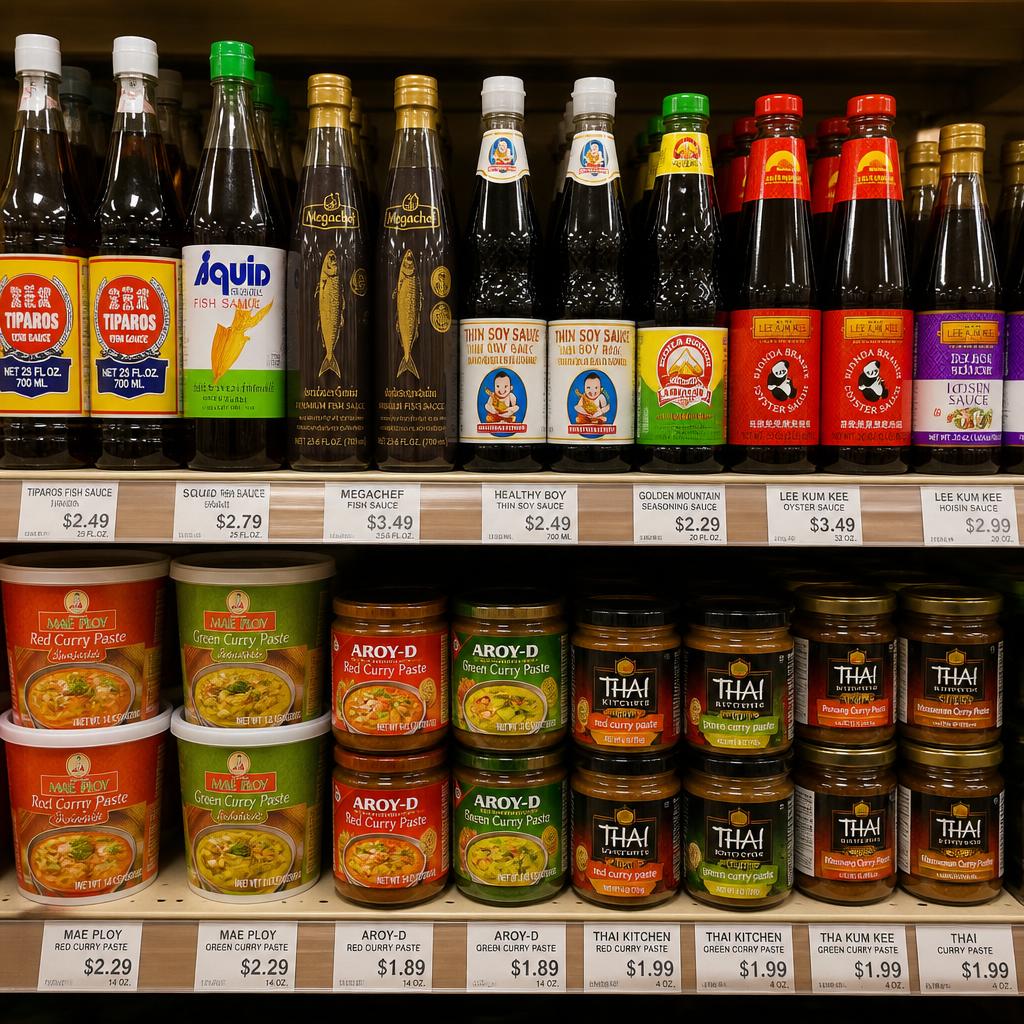 Såser & currypasta – Fisksås, sojasås, ostronsås och äkta röd & grön currypasta.